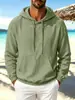 Nova blusa de moletom com capuz de algodão e linho estilo europeu e americano para homens, cor sólida, manga longa, top solto casual versátil