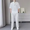 Traje de verano de manga corta y pantalón largo de seda helada para hombre, casual y de alta gama, lujoso y cómodo, conjunto de dos piezas para hombre con cuello en V