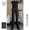 Pantalones acampanados curvos negros elegantes 2025 otoño e invierno para hombre con forro polar cálido, adelgazantes y que realzan la altura, pantalones de traje fluidos