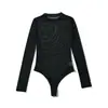 Mono Sexy Calado Transparente de Cuello Redondo Pequeño Ajustado de Manga Larga para Mujer en Otoño con Camiseta Sexy de Malla Ajustada