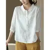 Camisetas de Verano de Nuevo Estilo con Cuello Polo de Algodón y Lino de Manga Corta, Camisetas Casuales Sueltas Retro Artísticas con Media Botonadura de Manga Media para Mujer