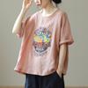 Camiseta de Lino de Algodón para Mujer de Manga Corta 2023 Verano Nuevo Top de Mujer Suelto Estampado Retro Talla Grande Camiseta de Mujer a la Moda
