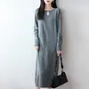 Vestido de punto de lana pura con cuello redondo y botones de perla para mujer, otoño e invierno, elegante, holgado, corte recto, vestido midi hasta la rodilla