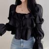 Nueva Camisa de Chifón Estilo Coreano Francés con Cuello Cuadrado Dulce, Mangas de Campana Dulces y Top Corto Elegante para Mujer, Otoño Temprano 2026