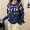 Cárdigan Jacquard Fair Isle Azul Retro Primavera y Otoño para Mujer Estilo Perezoso Retro Suéter de Punto con Cuello Redondo