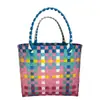 Bolsa de Palha Tecida à Mão em PP Color Block, Bolsa Tote Cesta Quadrada, Bolsa Casual de Férias para Praia para Mulheres