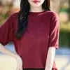 Nuevo tejido de punto de lana de hilo fino de manga corta con cuello redondo y patrón de gancho calado, suéter holgado para mujer, camiseta base