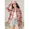Camisa a cuadros rosa estilo Hong Kong para mujer, diseño holgado, top casual holgado de manga larga
