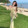 Vestido Largo Sexy Estilo Resort con Espalda Descubierta, Cuello en V, Estampado Floral y Tirantes Finos para Mujer, Verano, Fruncido, Cintura de Lazo, Bodycon