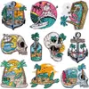 Parche Bordado de Calavera Surfista Retro Americano Palmera de Playa Ancla Ropa de Mezclilla Parche Termoadhesivo DIY