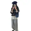 Suéter Listrado Gola Egg Retrô Meia-Zip Tricô Grosso para Mulheres Outono e Inverno Novo Estilo Design Preguiçoso Emagrecedor