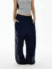 Pantalones Deportivos de Chándal con Bordado de Letras Retro Americano para Mujer Otoño Invierno Marca de Moda Azul Oscuro Cintura Elástica Casual Sueltos Pierna Recta