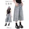 Jeans cropped rasgado estilo retrô americano para mulheres, calça de verão de cintura alta emagrecedora de comprimento médio, shorts de seis pontos de perna larga