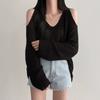 2026 Nova Roupa de Outono Coreana Chique Solta e Preguiçosa Gola V Ombro a Ombro Casual Proteção Solar Tricô Top para Mulheres