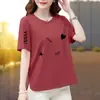 Camiseta de Manga Corta con Estampado de Gato Estilo Dibujo Animado para Mujer, Estilo Mamá de Mediana Edad, Corte Holgado, Adelgazante, Top Versátil