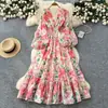 Vestido Retro Francés de Cuello V con Mangas de Linterna Estampado para Mujer 2025 Otoño Cintura Ceñida Elegante Falda Larga con Volantes