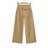 K48-25 Otoño Nuevo Estilo Estilo Americano Personalizado Empalme Doble Cintura Cordón Elástico Lavado Ropa de Trabajo Pantalones Pierna Ancha Pantalones Casuales