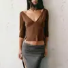 Camiseta Curta Sexy de Cor Sólida com Decote em V Profundo Estilo Harajuku Elegante Maduro Manga Curta Casual Pulôver