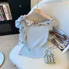 Camiseta de Encaje Francés de Moda sin Hombros de Manga Corta para Mujer en Verano, Top Corto de Punto Chic y Hermoso