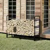 Estante de metal negro simple para leña, desmontable, de pie, con estantes de madera para uso en exteriores e interiores, producto nuevo