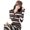 Otoño/Invierno Nuevo Vestido de Punto Rayado Retro Francés con Solapa de Manga Larga Ropa Interior Adelgazante para Mujer Falda Larga Ajustada al Cuerpo Rayas Café