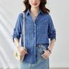 Camisa Cocoon de Algodão Xadrez Azul para Mulheres, Manga Longa, Novo Estilo Outono 2026, Blusa Xadrez Artística, Camisa Retrô Elegante