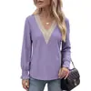 Amazon Comercio Exterior Transfronterizo Europeo y Americano 2026 Otoño e Invierno Nuevo Color Sólido Cuello en V Encaje Patchwork Holgado Manga Larga Camiseta Top