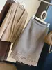 Elegante y sofisticada falda midi de mezcla de lana con ribete de encaje para mujer, nueva colección de otoño, de cintura alta, versátil, corte recto, con abertura
