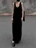 Vestido de Tricô Longo sem Mangas com Gola U Grande para Mulheres, Estilo Minimalista High-End, Soltinho e Emagrecedor, Adequado para Férias na Praia