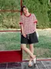 ALINDM Top Holgado Adelgazante Talla Grande para Mujeres de Talla Grande, Estilo Coreano Relajado Camiseta de Punto Rayada de Manga Corta para Mujer 100kg