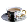 Xícara de Café e Pires de Cerâmica Azul e Branco Pintado em Dourado, Acessível e de Luxo Retrô para o Chá da Tarde, Copo de Água Doméstico com Aparência Sofisticada, Presente de Aniversário