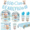 Set de Vajilla Temática de Cumpleaños Oso Azul Globos de Oso de Dibujos Animados Platos y Vasos de Papel para Fiesta de Cumpleaños Infantil Decoración