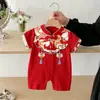 Macacão de Bebê Bordado com Leão Estilo Chinês para Celebrações de Um Ano e Mês Completo, Roupa Vermelha Festiva de Manga Curta para Passeios de Bebê