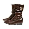 Botines cortos de cuero genuino estilo vintage color marrón Maillard para mujer, botines plisados apilados con hebilla de cinturón, botines vaqueros de punta