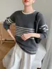2025 Novo Outono e Inverno Lã Pura Sete Agulhas Engrossado Gola Redonda Tricô Manga Longa Listras Coloridas Pulôver Camiseta Básica