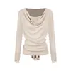 Camiseta de manga larga con cuello de encaje blanco con volantes UNBDNS para mujer, top básico off-shoulder de deseo puro para principios de otoño, moderna