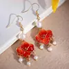 Nuevos Pendientes Rojos Estilo Chino con Flor Perla y Borla Diseño Nicho Moda Simple Elegantes con Esmalte