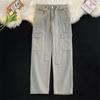 Marca Tendência da Rua Principal Alça na Cintura Bolso Grande Jeans Cargo Masculino Solto Amarelo Lavado Velho Reto Calça Longa