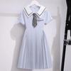 Vestido de manga corta estilo preppy para niñas, nuevo traje de verano de marinero, cuello azul marino, vestido de princesa de red roja oceánica para niñas medianas y grandes.