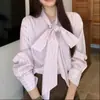 Camisa Rosa Listrada com Gravata Borboleta para Mulheres, Moda Outono 2026 Estilo Coreano Blusa de Manga Longa para o Dia a Dia