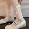 Meias Brancas de Renda Estilo Ballet para Mulheres, Meio da Panturrilha, Finas Estilo Verão, Meias Largas, Meias Longas Miu em Branco Cremoso, Combinadas com Sapatos Mary Jane