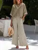 Conjunto Novo de Algodão e Linho para Mulheres no Verão, Blusa Solta de Manga Curta com Decote V, Conjunto de Duas Peças com Calças Listradas de Cintura Alta e Pernas Largas, Roupa Casual Transfronteiriça
