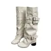 Botas compridas de couro genuíno, com sola grossa, salto grosso e fivela de cinto, botas femininas de salto alto, nova coleção outono 2026, polaina removível, botas de equitação