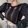 Blusa transparente de encaje desgastado con cordones, dos vías, hueca, protección solar. Diseño Puro deseo chica caliente suéter corto liso casual