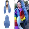 Nova Peruca Longa Lisa Tingida com Meio Ponto Peruca de Cabelo Longo Preto Degradê Azul Céu Fibra Química Peruca Capa para Mulheres Europeias e Americanas