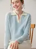 Nuevo Suéter de Cachemira Pura para Mujer Otoño e Invierno con Cuello Polo Bloqueado por Color, Capa Base Engrosada, Top de Punto de Manga Larga