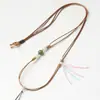 Colar com cordão de couro ajustável e pingente de jade, cordão para joias, corrente de pescoço de âmbar e ágata, corrente para suéter, unissex, atacado