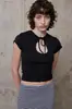Top Corto Retro Simple de Encaje con Corte y Cordones Estilo Coreano Cuello Redondo con Lazos Hueco Ajustado Camiseta de Manga Corta Corta Ropa para Mujer