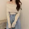 Suéter de malha outonal ombro a ombro feminino nicho blusa básica 2024 novo design justo de manga comprida peça externa top