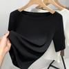 Camiseta para Mujer 2025 Nuevo Estilo Color Sólido Canalé Manga Corta con Elegante Diseño Hombros Descubiertos y Top Elástico Ceñido a la Cintura